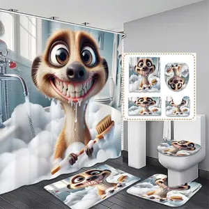 Creative Cartoon Surprised Squirrel Bath Shower Curtain Set, Includes 12 Plastic Hooks & Non-Slip Mat, Perfect Bathroom Decor Gift