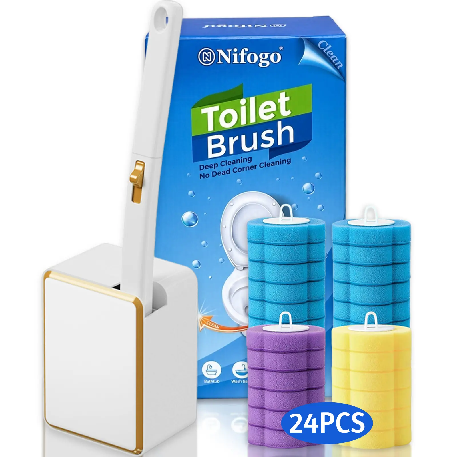 Nifogo Toilet Brush & Wall-Mount Holder Set with 24PCS Cleaner Refills, Multifunctional Bathroom Cleaning Kit, Ideal for Toilet Bowl, Sink, Bathtub, Drain, Wash Basin and Urinal