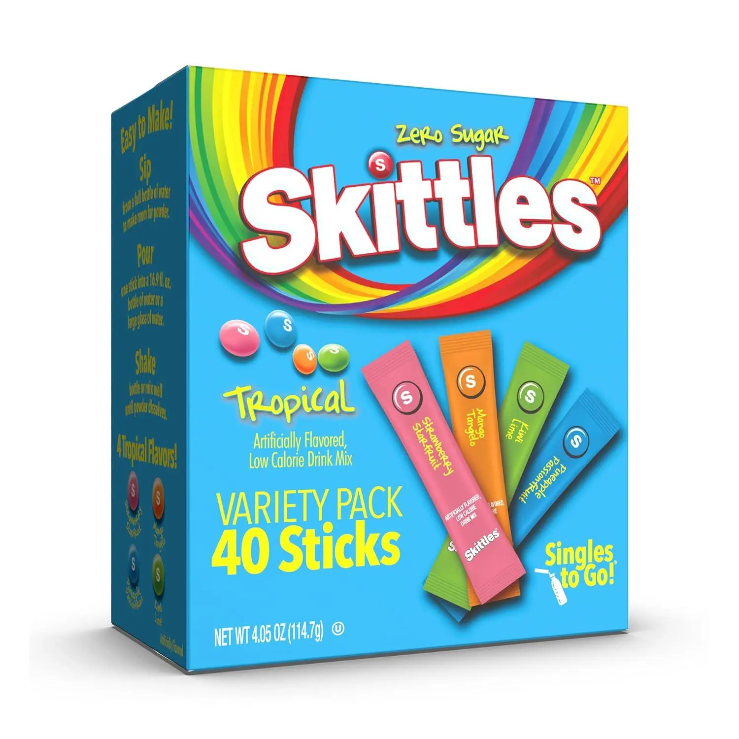SINGLES TO GO! Skittles Singles To Go Tropical Flavors Variety Pack, Powdered Drink Mix, Strawberry Starfruit, Mango Tangelo, Kiwi Lime, Pineapple Passionfruit, 1 Box (30 Single Servings)