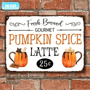 Vintage Aluminum Wall Sign Featuring Fresh Brewed Pumpkin Spice Latte Rustic Fall Decor for Kitchen Home and Celebrations