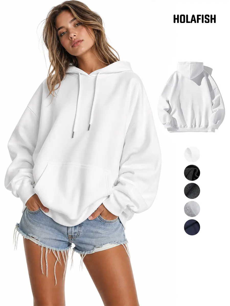 Holafish New Color Women's Oversized Thick Polyester Fabric Crop Hoodie - Casual Basic Solid Pullover Sweatshirt with Long Sleeves, Pocket, Hooded Neck, Style