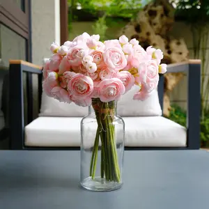 12 Pieces Ranunculus Artificial Flowers with Vase, Small Fake Flowers in Vase, Silk Flower Arrangements for Home Decor Indoor