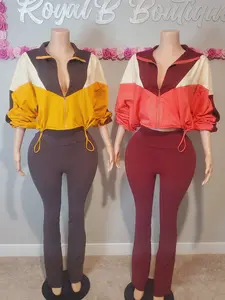 ON THE MOVE SET - MAROON Colorblock Zip-Up Top & High-Waisted Pants Set for Women Comfortable & Stylish Casual Outfit