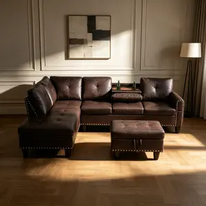 Brown Faux Leather Synthetic Leather 3-Piece Sofa Set, contemporary synthetic leather sofa combination, streamlined simple look, low daily care, practical full set home furniture
