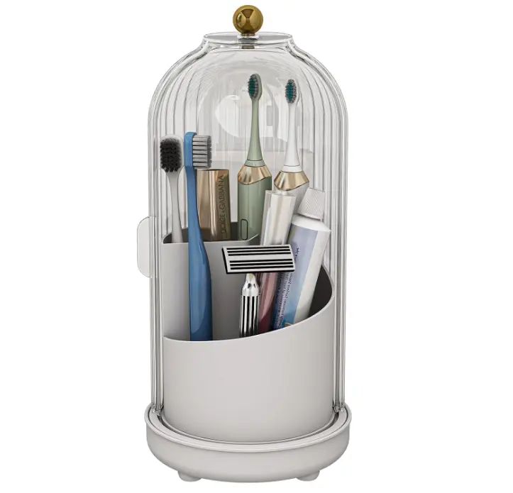 Multifunctional Plastic Toothbrush Holder with Toothbrush Protector, 3-Slot, 360° Rotating Sliding Cover, Effective Dustproof, Easy to Open/Close, Hidden Storage, Glass Dome, Durable Metal Base, Waterproof Bathroom Vanity Organizer Accessory