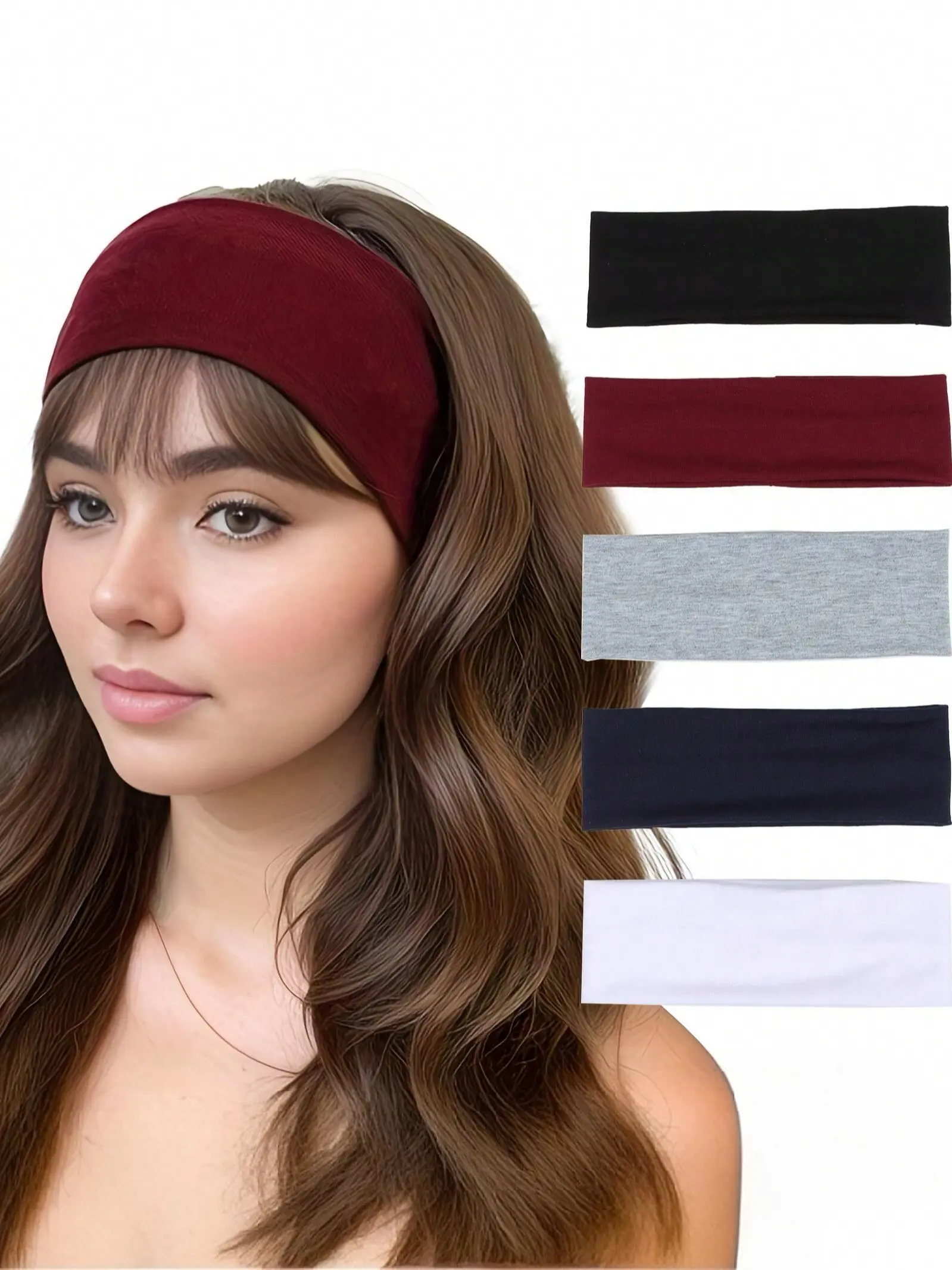 Women's Wide Elastic Non-Slip Fashion Headbands, 5-Piece Set, Solid Color Fabric Hair Bands, Comfortable and Durable, Ideal for Daily Use