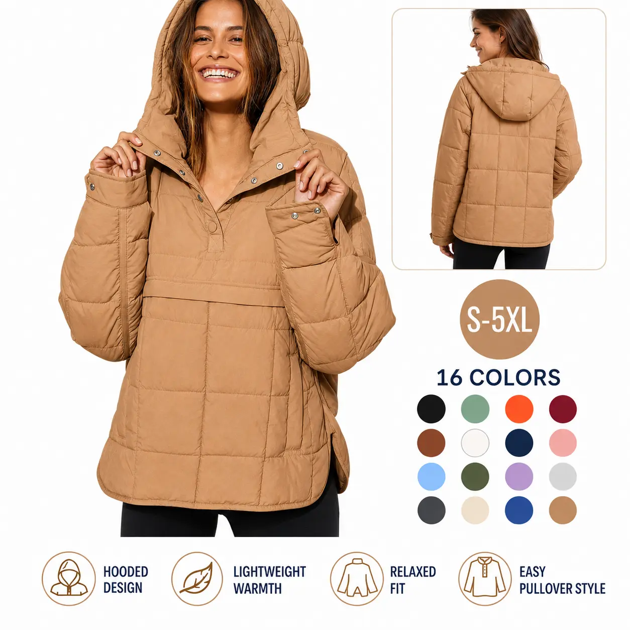 Hooded Quilted Pullover Jacket, Lightweight Warm Half Snap Collar Puffer Coat, 16 Colors Plus Size S-5XL