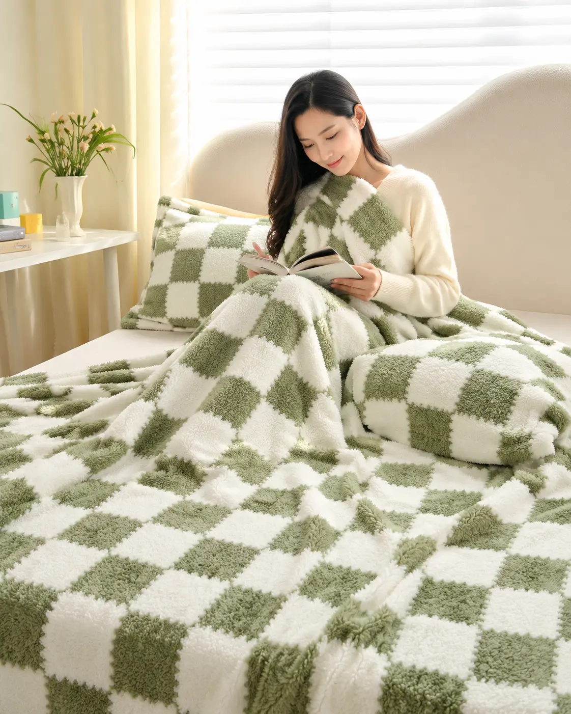 Fluffy Checkered Plush Throw Blanket, 59x79 in Large Size, for Couch, Bedroom Decor, Home & Festive Party Gift Supplies, Plush Fabric