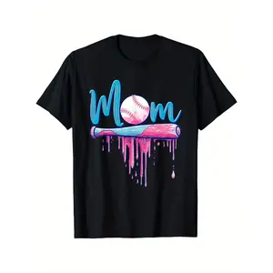 Softball Mom Graphic T-Shirt – Black with Pink & Blue Baseball Design, Breathable 100% Cotton, Comfortable Short Sleeve Tee for Women, Perfect Gift for Mother’s Day, Casual Wear, Sizes S-XXXL