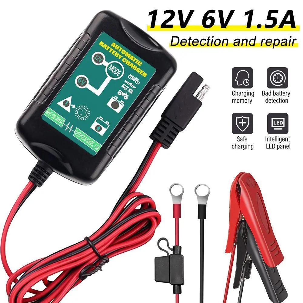 【BackToSchool】【DealsForYou】6V 12V Car Battery Charger, 1.5A Smart Fully Automatic Battery Charger Maintainer,Float Charger for auto car Motorcycle Lawn Mower Boat Snowmobile Trickle Charger for Car, Lawn Mower, Motorcycle, Boat, Marine