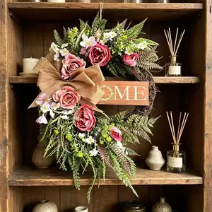 Neutral Color Farmhouse Style Wreath with Peony Flowers, Home Signboard, Hemp Cloth Bow, All-Season Decor for Porch, Living Room, Entryway