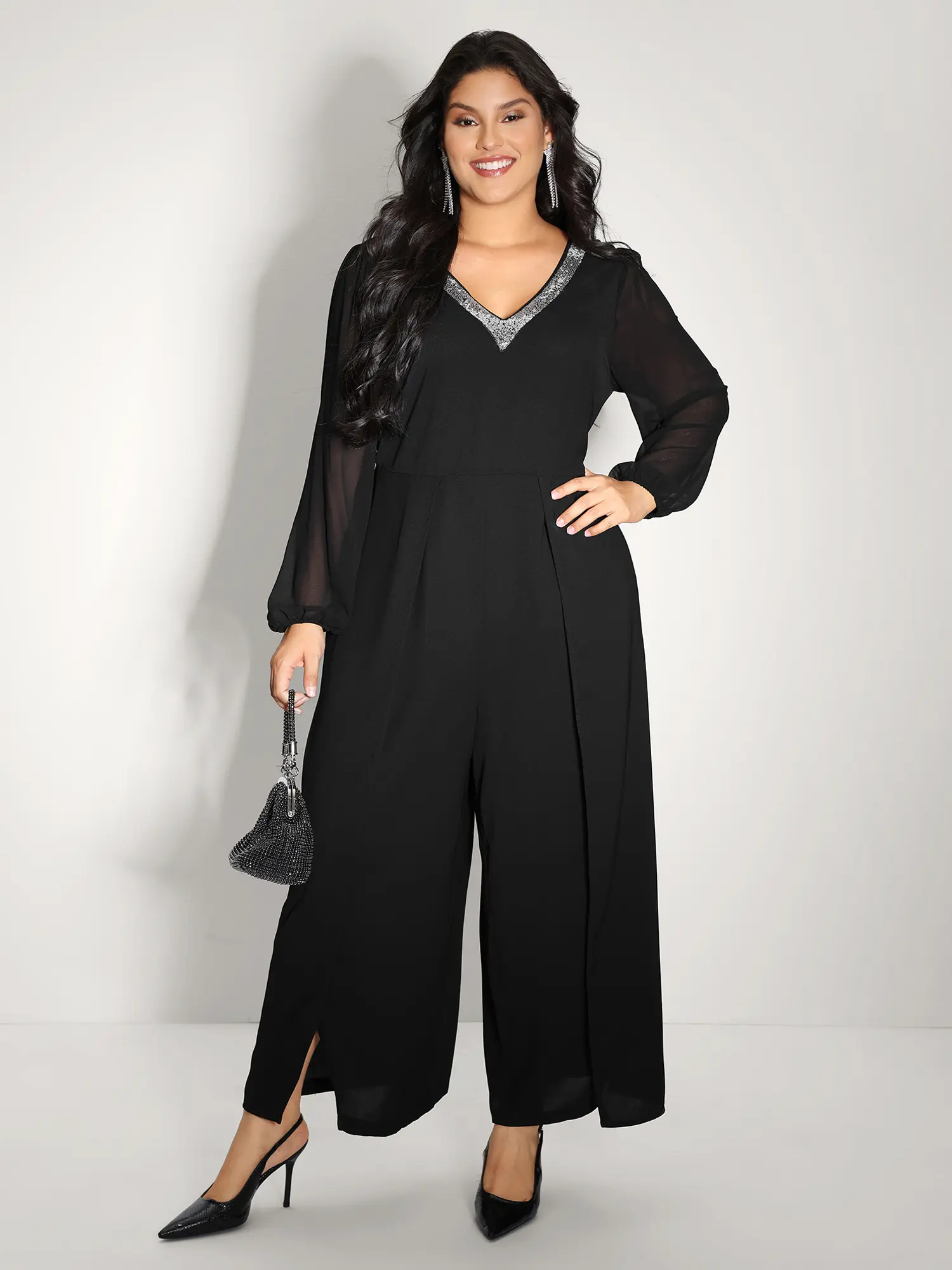 BloomChic Women's Curvy Plus Sequin Lantern Sleeve Jumpsuit - Overlapping Polyester Maxi with Side Pockets and Slit, V-Neck, Lantern‑Sleeve Glam