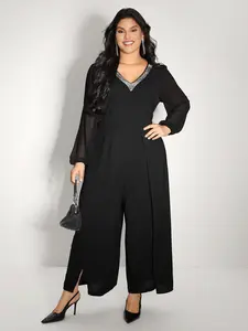 BLOOMCHIC Plus Size Lady Overalls - Long Sleeve, Sequin Neckline, Petal Flowy Hem, Basic Design, Slit, Pocket, Fit, [M-6X]2026 Summer Vibes Swimweek