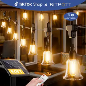 BITPOTT LED Outdoor String Lights 50FT Patio Lights with 52 Shatterproof ST38 Vintage Edison Bulbs, Outside Hanging Lights Waterproof for Porch, Deck, Garden, Backyard, Balcony, 2700K Dimmable, 6 Light Modes, Solar lights with Remote Control & USB