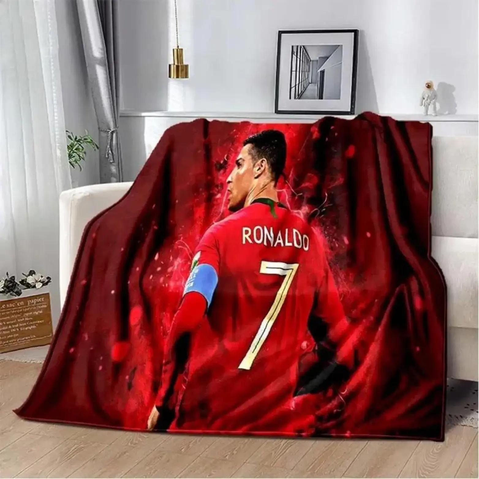 CR7 Soccer Star Print Blanket – Fan Merchandise Flannel Throw for Dorm, Sofa, or Nap Use