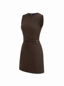 Cider Round Neckline Belted Ruched Mini Dress