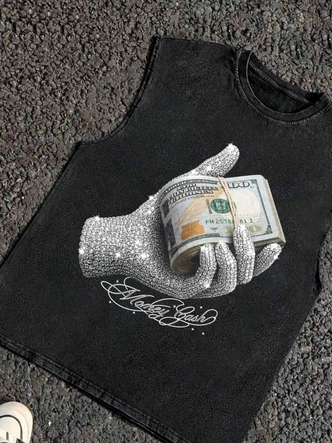 1 PCS loose distressed washed graphic tank top featuring a dollar banknote print with rhinestone accents across the palm grip area; unisex, suitable for all seasons; ideal for beach vacations, Y2K summer outfits, hip-hop looks, money culture aesthetics,