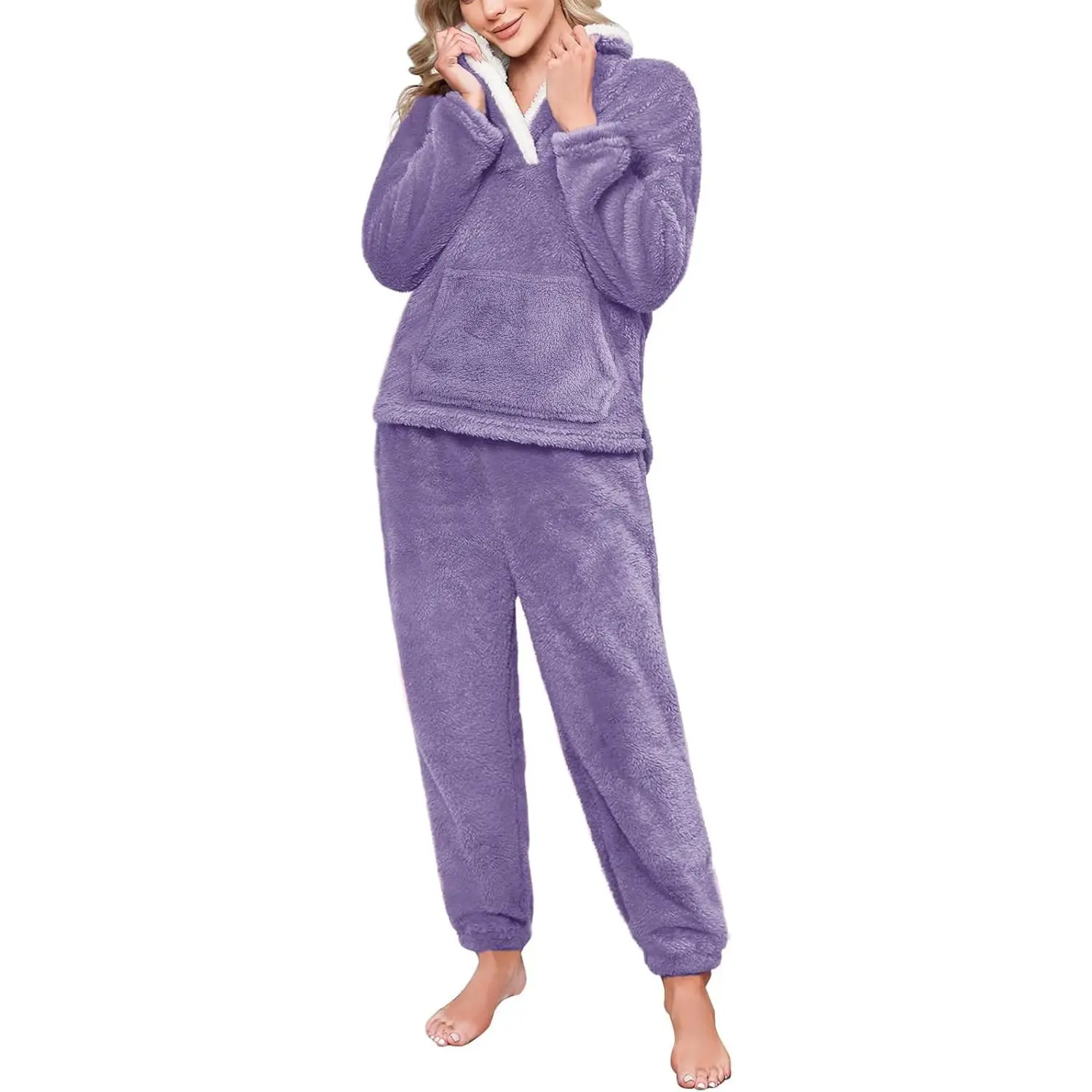Women's Fluffy Pajamas Set Winter Warm 2 Piece Plush Pullover Pants Fuzzy Fleece Sleepwear Loungewear Pjs with Pockets