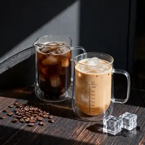 (Set of 2)33ozDouble High Borosilicate Iced Coffee Cups With Handle | Multi Scale Milk Frothing Pitcher For Latte Espresso TeaMeasuring Cup, Milk Frothing Pitcher, Frother Cup, Creamer Container, Dishwasher/Microwave