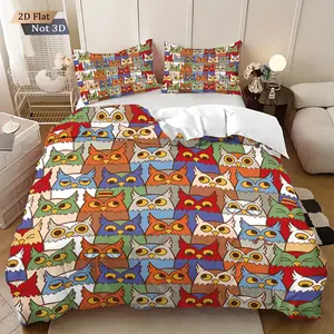 3-piece set (1 duvet cover, 2 pillowcases, without filling) with a colorful cartoon owl design print, soft and comfortable bedding set, suitable for room decoration, usable in all seasons, and can be given as a gift
