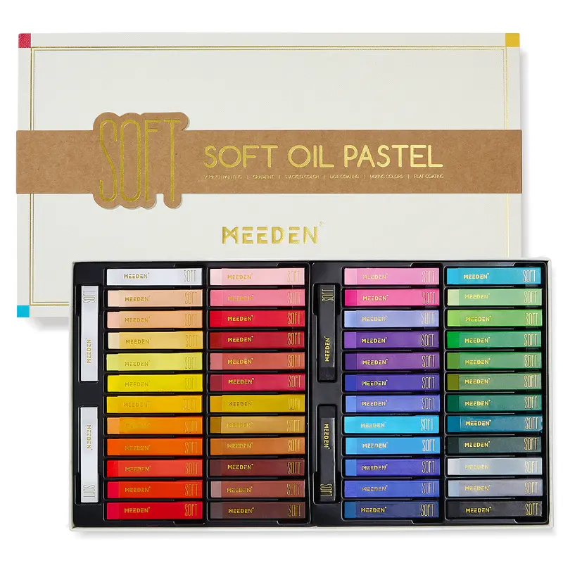 MEEDEN Professional Pigment-Based Soft Oil Pastels Set - 48 Colors with 2 Extra White & 2 Extra Black 14g 69mm×12mm×12mm Square Crayons, Level 3 Lightfast Unisex Art Supplies for Blending, Stippling, Gradient, Father's Day Gifts for Adults, Art Lovers