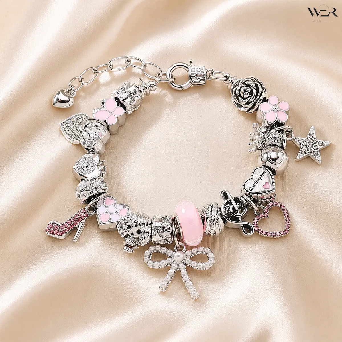 Charm Bracelet Beaded Charm Bracelet Silver Charm Bracelet Heart Flower Bow Charm Bracelet for Women Girls Everyday Wear Gift