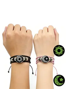 2 Pcs Glow In The Dark Sun Moon Snap Button Couple Bracelets Black Pink Multilayer Woven Leather Bracelet Set Moon Buckle Design Stackable Bracelets