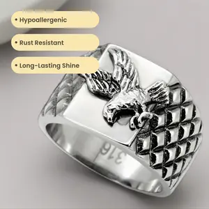 Lanyjewelry Men's 316 Stainless Steel Soaring Eagle Textured Band Ring - Hypoallergenic, Rust-Resistant, Long-Lasting Shine, Stackable Rings