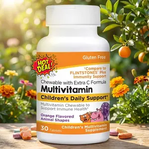 Chewable Animal Shaped Children's Multivitamin with Extra Vitamin C, Children's Daily Support Orange Flavored Multivitamin Immune Health Supplement, 30 Count Bottle