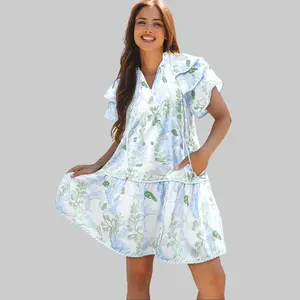 S-4X Plus Size Women's Light Shortsleeve Casual Mini Dress - Floral Print, Contrast Edge, Layered Ruffled Fabric, Frill Collar, Contrast Ribbon Trim, Striped Accent, Elegant LC6124822-P1020