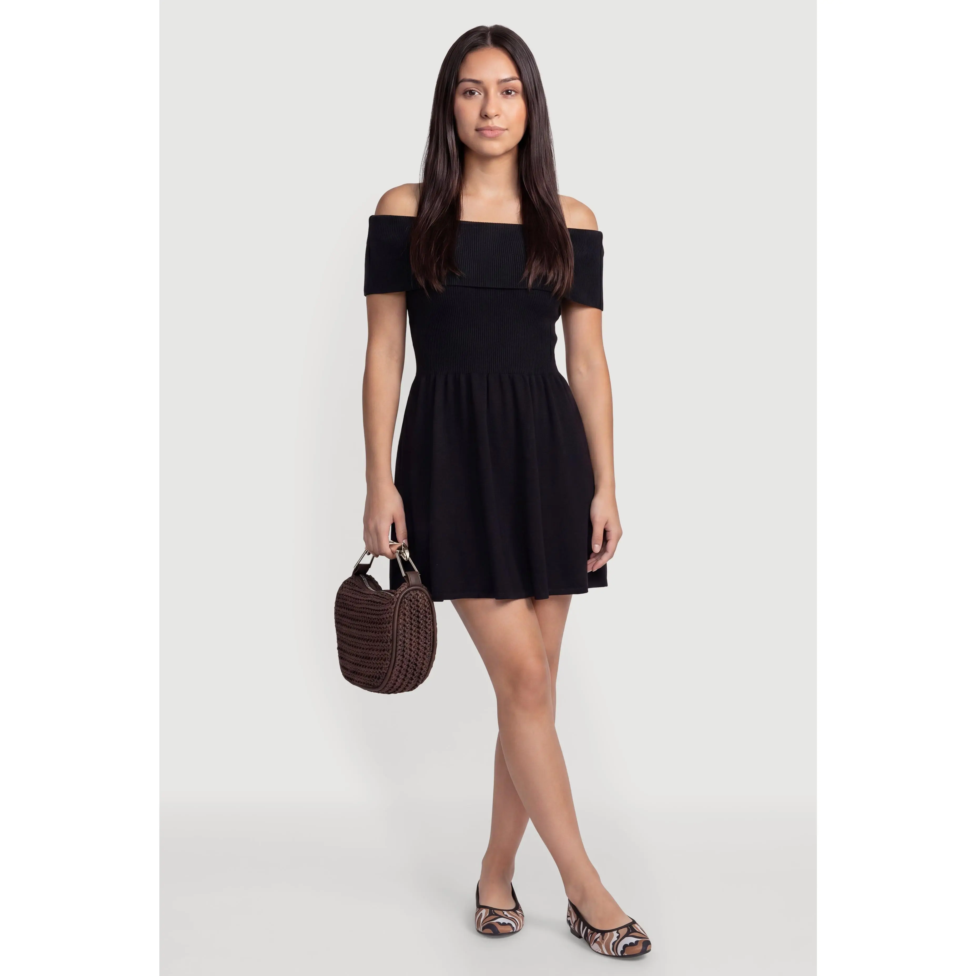 Fold Over Off The Shoulder Skater Dress