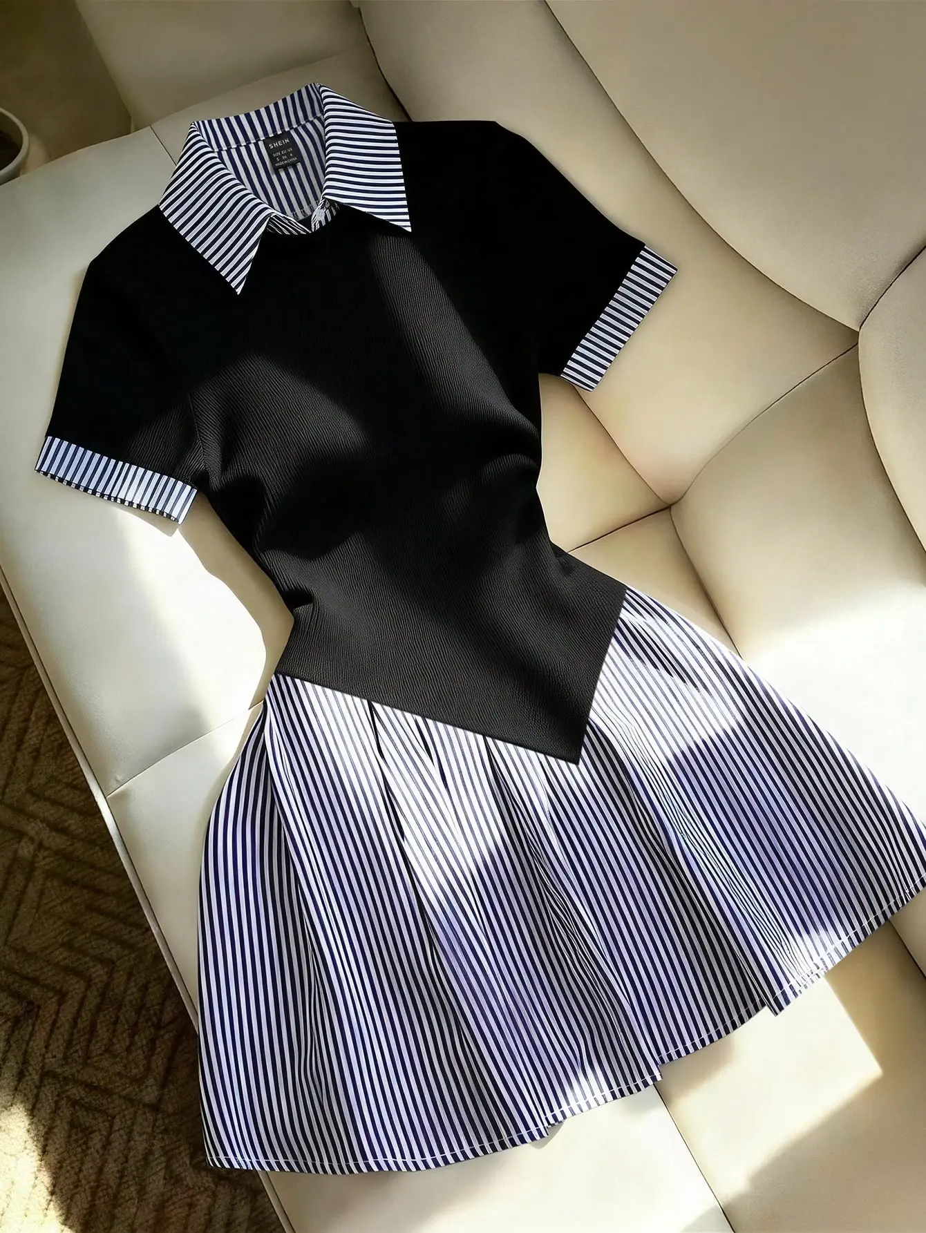 [Back to School] ROYAL Elegant Black White Striped Short Sleeve Mini Dress Patchwork Ribbed Waist Summer Casual Back-To-School A-Line Shirt Collar Dress