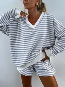 Women's Striped Print Drop Shoulder Long Sleeve Tee & Elastic Waist Shorts Two-piece Set, Casual Fashion Cozy Breathable Soft Fabric Two Piece Outfits for Daily Outdoor Wear, Women Clothes for Spring & Fall