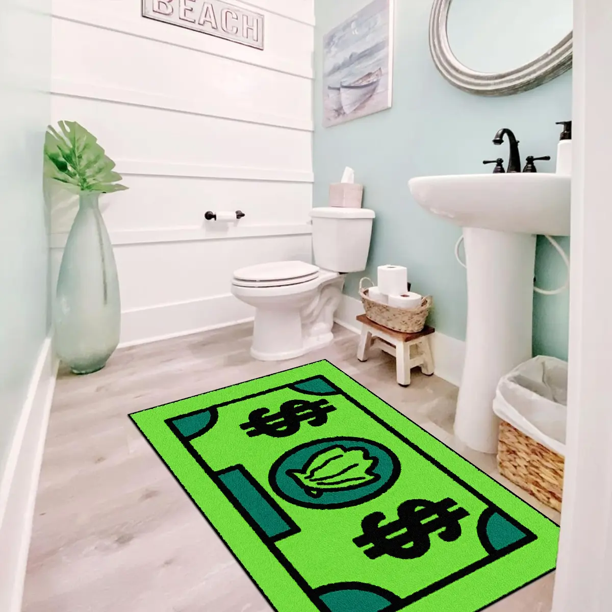 1 piece bathroom mat, green rug, Nonslip bathroom rugs, soft comfortable bath rug, non-slip and washable, Bohemian coastal style floor mat, soft plush bedside carpet, suitable for bathroom, kitchen, bedroom, bedside, Soft Absorbent Mat