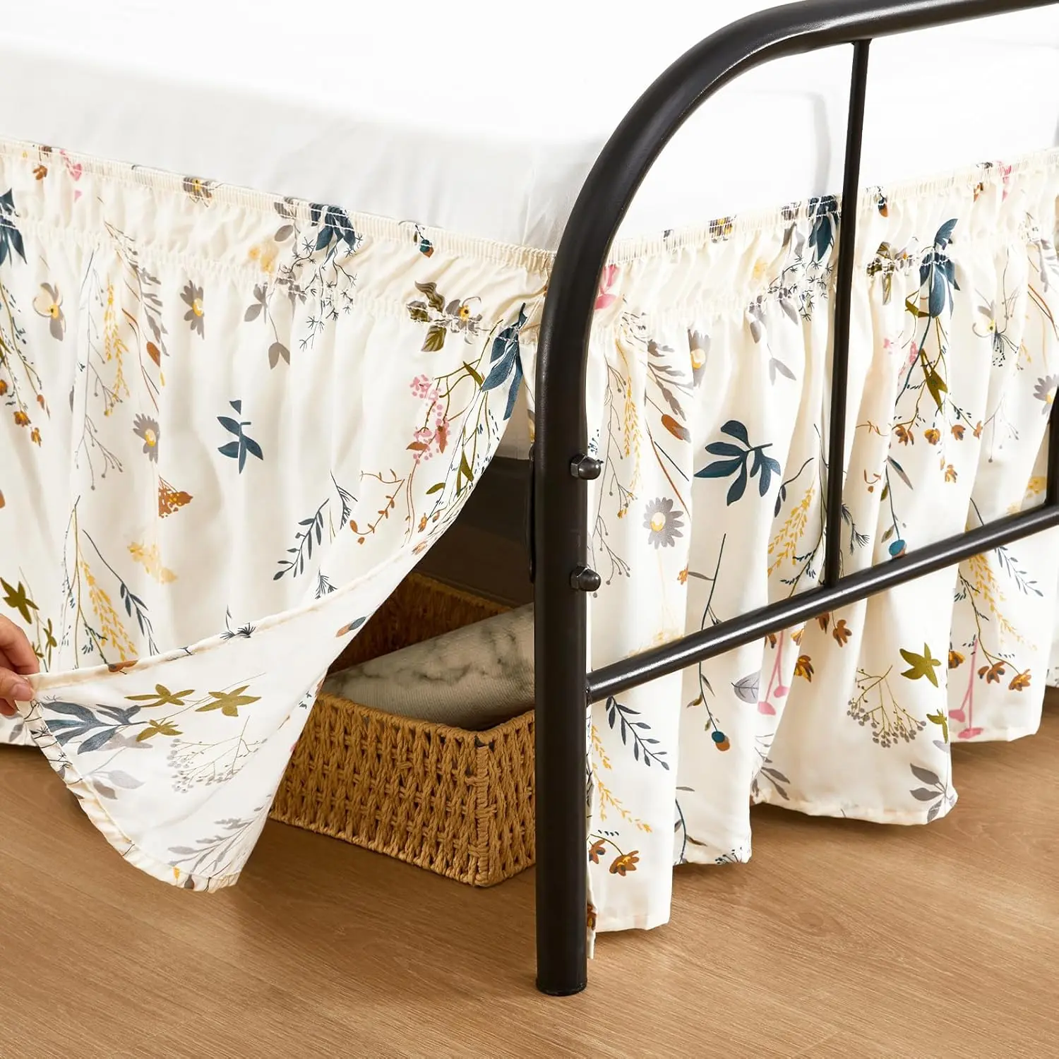 Floral Bed Skirts with Split Corners Queen Size 15 Inch Drop, Elastic Bed Skirting Wrap Around, Easy Install Dust Ruffles Soft Machine Washable (Balloon Flower)