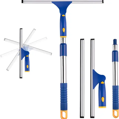 ITTAR Durable 14-inch Rotatable Head Non-Slip ABS Squeegee - 26.5-inch Handle Extension, 1 Extra Rubber Blade, Bathroom Gadget for Glass, Car Cleaning (Single Unit)