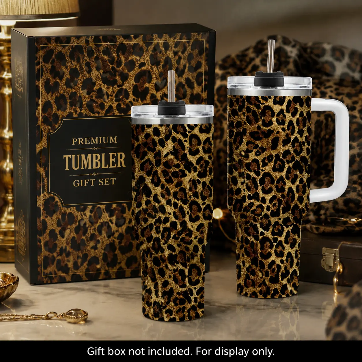 40oz Stainless Steel Vacuum Insulated Portable Tumbler with Handle Grip, Reusable Spill-Proof Lid, Leopard Print Iced Coffee Cup, Brown Wild Animal Design, Leopard Lover Gift for Women, Office & Travel Use