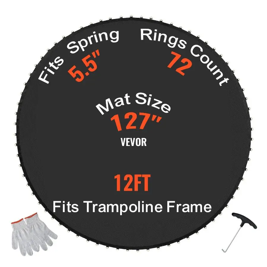 VEVOR Replacement Trampoline Mat, Jumping Mat Fits 12ft Frame, Universal Jumping Mat for 12ft Round Trampoline, Reinforce UV-Resistant Mat with Spring Tool Durable V-Rings, Fit 5.5 Spring Length
