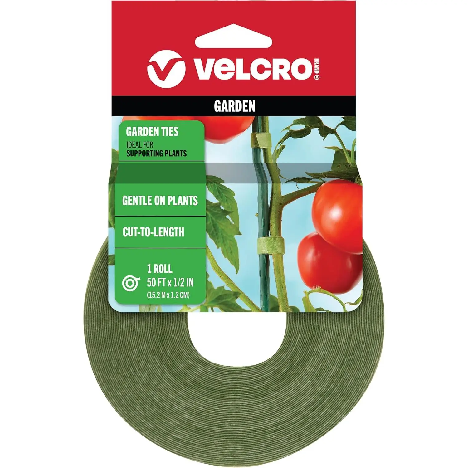 VELCRO Brand VEL-30071-USA 1-Roll 1-Wrap Eco-Friendly Garden Ties, 65% Recycled Plastic Plant Supports, Fits Vines & Stems, Gentle on Plants, Reusable Adjustable Cinch, 50 ft x 1/2 in Green Cut-to-Length Organizers for Garden Tools