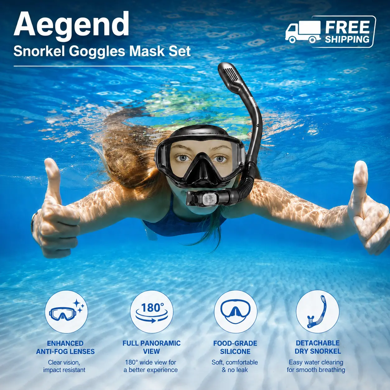 Aegend Snorkel Goggles Mask Set - Anti-Fog, No-Leak, Wide-View Snorkeling Gear with Dry Top Snorkel for Water Sports, Diving