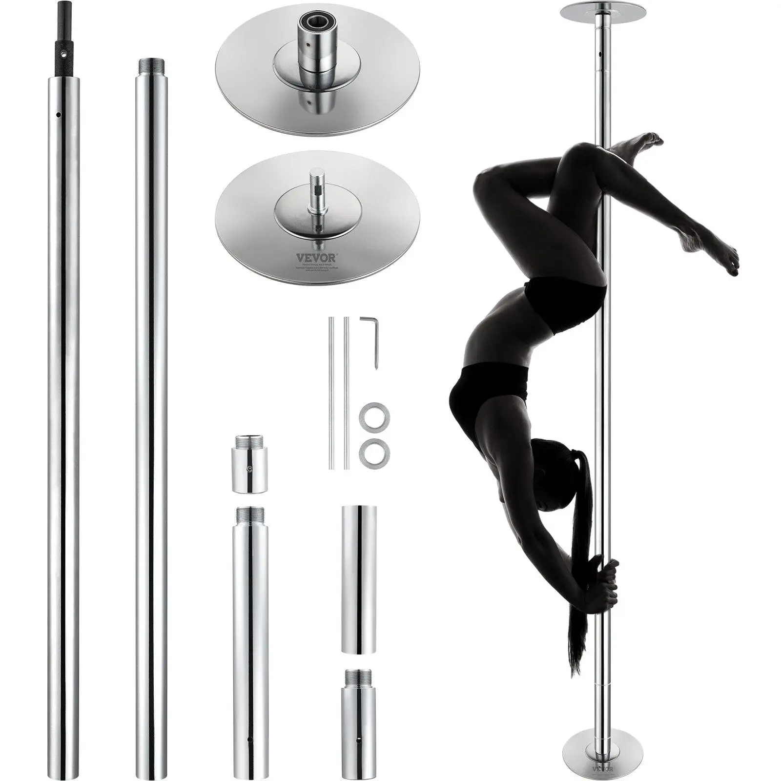 【BackToSchool】VEVOR Professional Dancing Pole, Spinning Static Dancing Pole Kit, Portable Removable Pole, 45mm Heavy-Duty Stainless Steel Pole, Height Adjustable Fitness Pole, for Exercise Home Club Gym, Silver