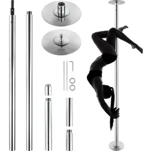 VEVOR Professional Dancing Pole, Summervibes, Spinning Static Dancing Pole Kit, Portable Removable Pole, 45mm Heavy-Duty Stainless Steel Pole, Height Adjustable Fitness Pole, for Exercise Home Club Gym, Silver