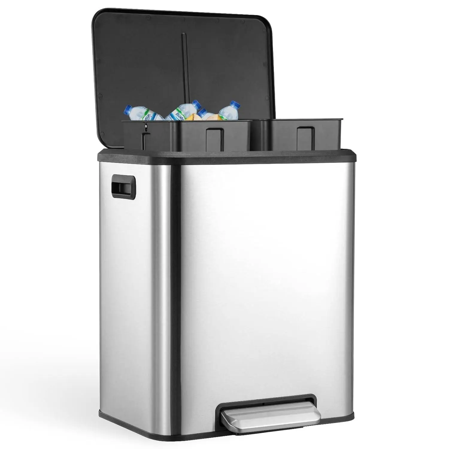 2 x 4 Gal (2 x 15L) Trash Can, Stainless Steel Dual Compartment Step-On Recycling Bin with Soft-Close Lids & Removable Plastic Inner Buckets for Kitchen, Home, Office (Silver)