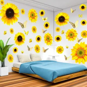 54 Pcs 3D Sunflowers with Butterfly Wall Decals Decor - Large Sunflower Wall Stickers Peel and Stick Yellow Floral Stickers for Home Kitchen Bedroom Bathroom Living Room Decorations