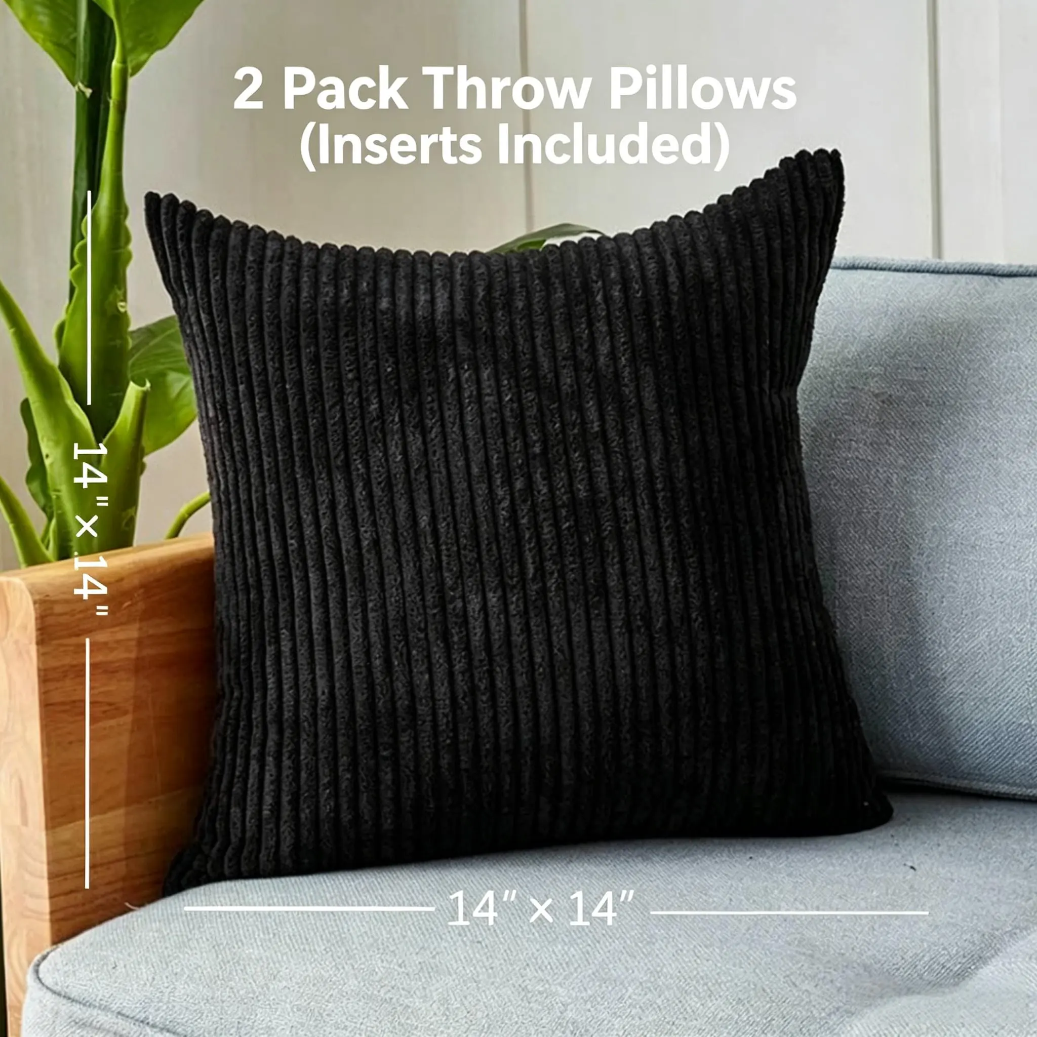 14×14 in Striped Corduroy Throw Pillows (Set of 2, Ready to Use), Modern Vertical Stripes Decorative Cushions with Inserts, Soft Scratch-Resistant for Sofa Couch, Indoor Furniture Accessory