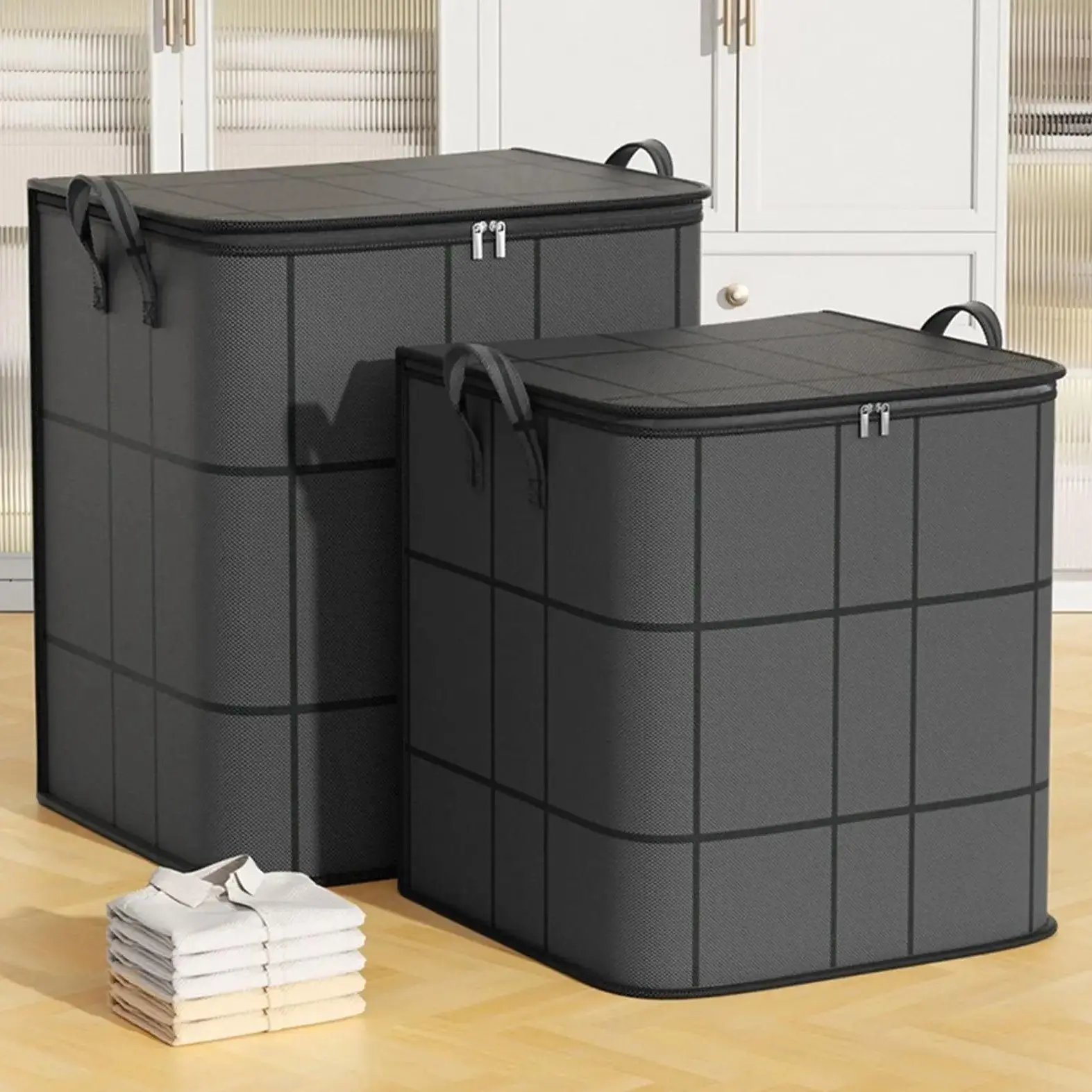 Large-capacity Gray Foldable Wardrobe Storage Box, Household Double Zipper Finishing Bag with Handle, Suitable for Clothing and Bedding Storage Space-saving Storage Box
