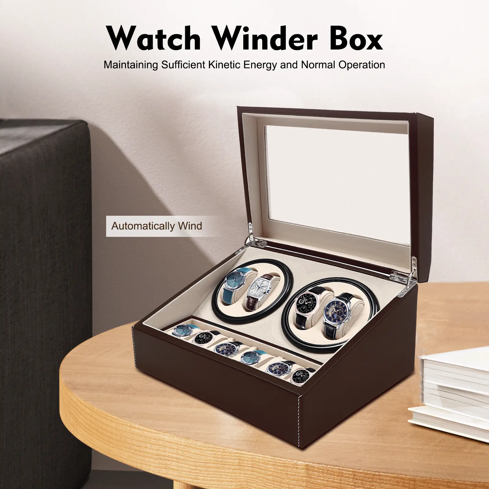 MDF-PU Leather Automatic Watch Winder Box - 4 Winders, 6 Storage Slots, Quiet Motor, Dustproof Glass, Table Standing, for 10 Mechanical Watches, Business & Office Use, Home Display