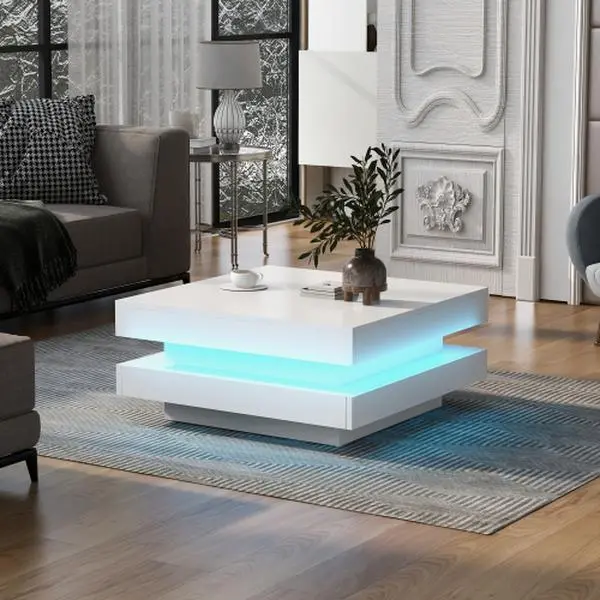 [Bellemave]ON-TREND High Gloss Minimalist Design with LED Lights, 2-Tier Square Coffee Table, Center Table for Living Room, 31.5''x31.5''x14.2'',Black