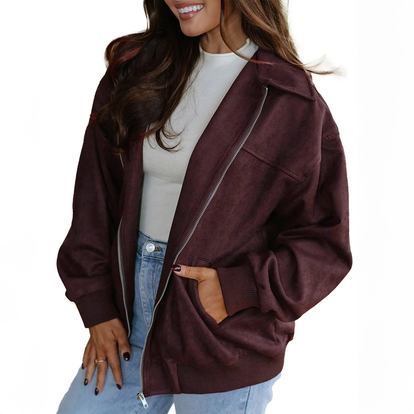 Asvivid Women's Faux Suede Collared Bomber Jacket - Long Sleeve, Metal Zipper, Loose Relaxed Fit, Ribbed Cuffs, Casual Fall Coats & Tops Outerwear sohochic