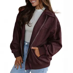 Asvivid Women's Faux Suede Collared Bomber Jacket - Long Sleeve, Metal Zipper, Loose Relaxed Fit, Ribbed Cuffs, Casual Fall Coats & Tops Outerwear